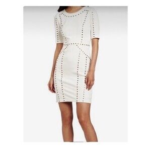 BCBG MAX AZRIA Isadora Structured Rayon Blend Ivory Studded Fitted Dress LARGE